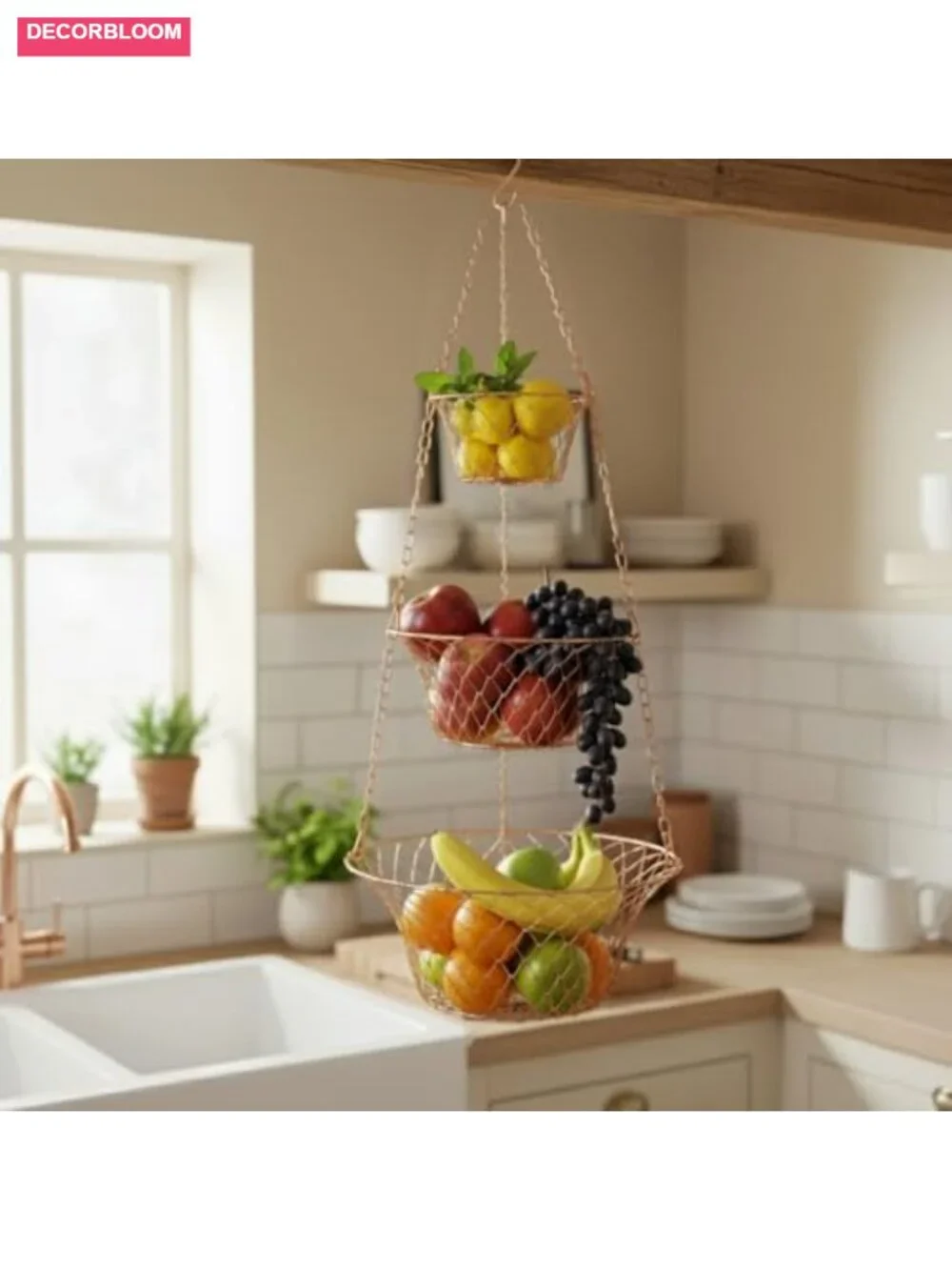 3 Tier Hanging Fruit Basket Heavy Duty Wire Storage Rack with Hooks